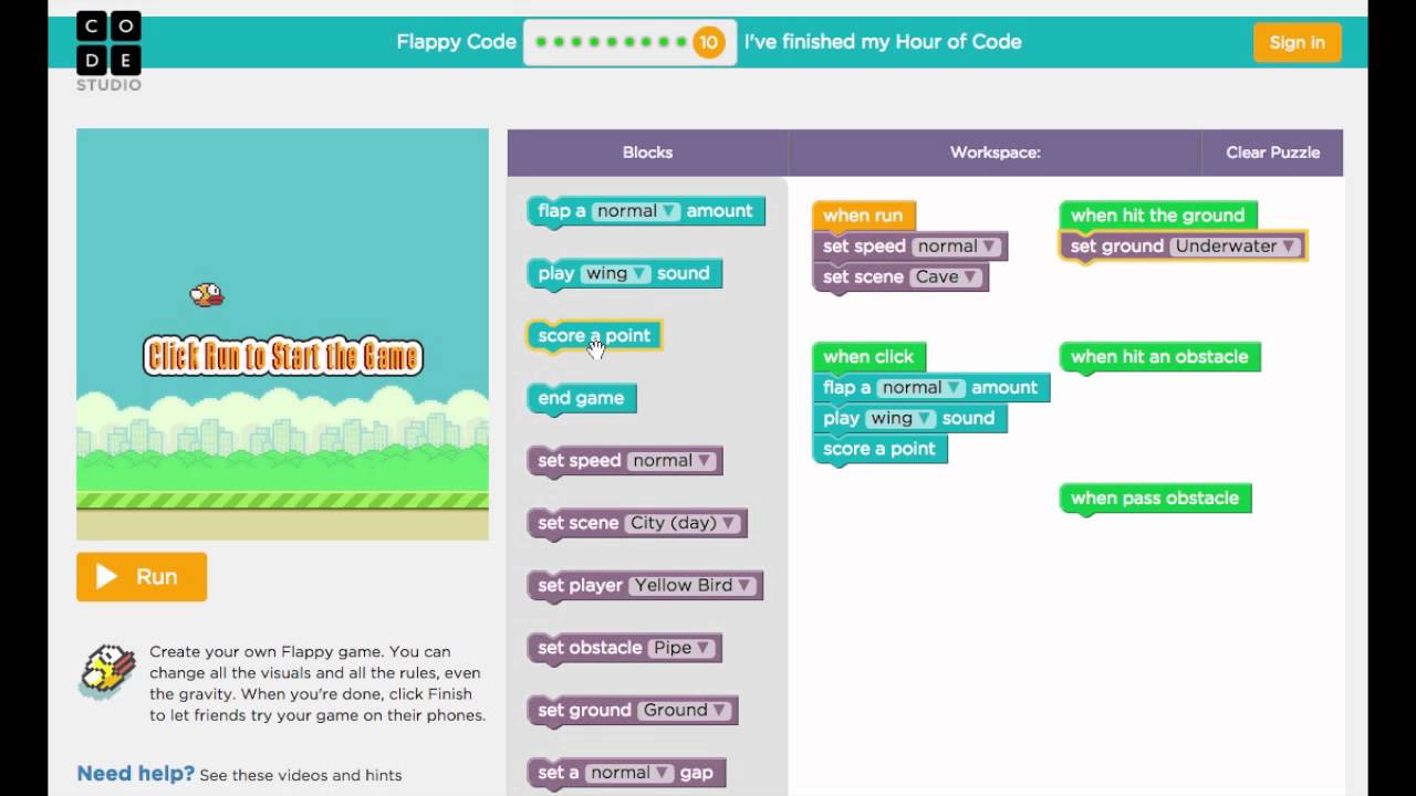 CODE.ORG: Programa tu juego de flappy bird